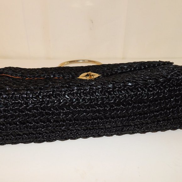 Made In Italy Woven Black Handbag 100% Visca With Gold Tone Handle Vintage - Picture 5 of 12